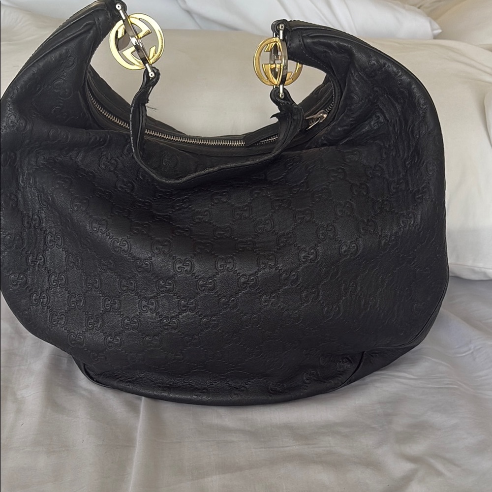 Gucci Black Leather Hobo with Gold Accents